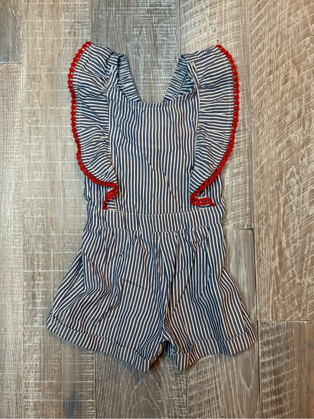 Rare Editions Stars & Stripes Navy and White Striped Romper with Red Trim